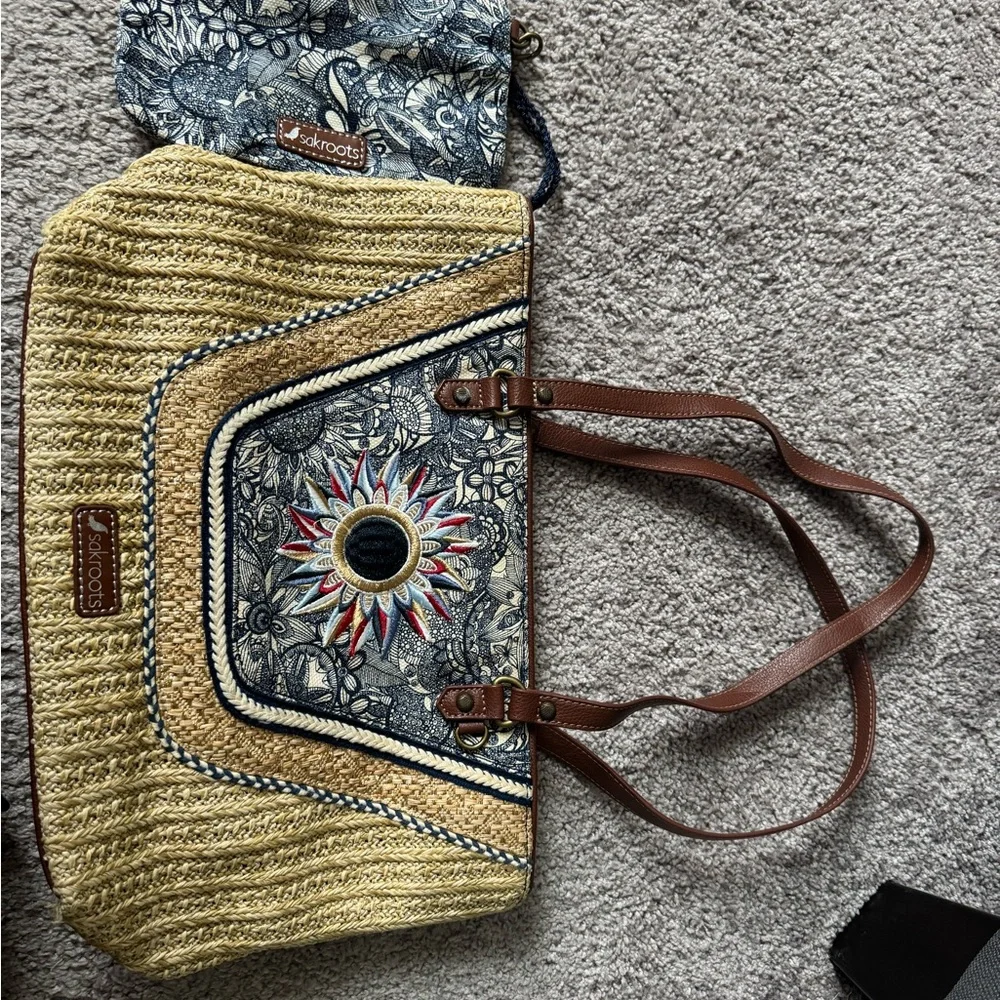 Sakroots Straw Tote with Blue Floral Panel and Red Accent Sunburst